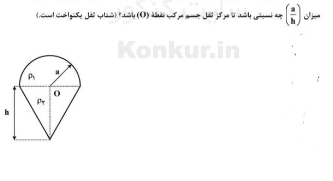  یک جسم مرکب از یک مقطع نیم دایره به چگالی (ρ₁) و یک مقطع مثلث به چگالی (ρ₂) تشکیل شده است.